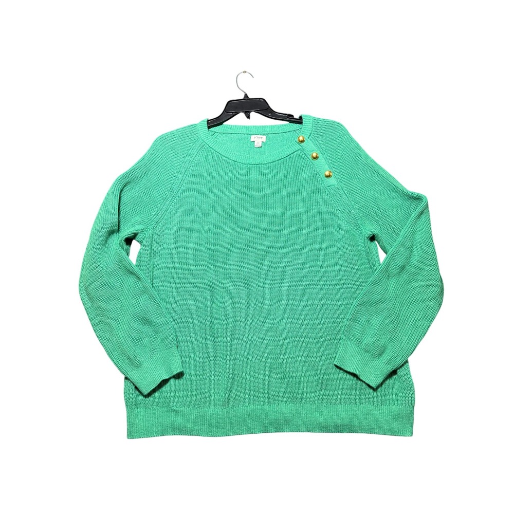 J.Crew Button Shoulder Sweater Women 2X Green Excellent Ribbed Knit Cotton Blend